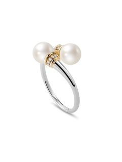 Gold Wrap Ring - 6-7mm white freshwater pearl in sterling silver, 14kt yellow gold and diamonds by Nishi Pearls, studio view