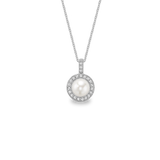 Halo Necklace - 6-7mm white freshwater pearl necklace in sterling silver with topaz, 18in by Nishi Pearls, studio view
