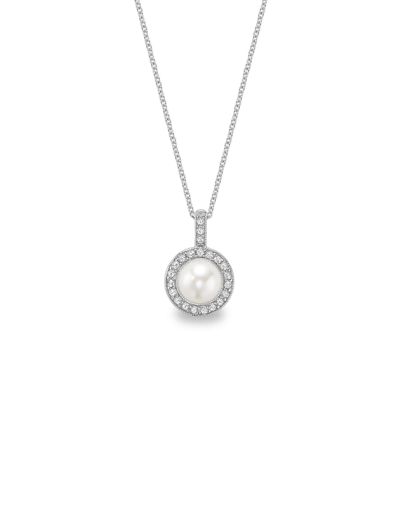 Halo Necklace - 6-7mm white freshwater pearl necklace in sterling silver with topaz, 18in by Nishi Pearls, studio view