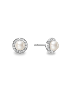 Halo Studs - 5-6mm white freshwater pearl earrings in sterling silver with topaz by Nishi Pearls, studio view