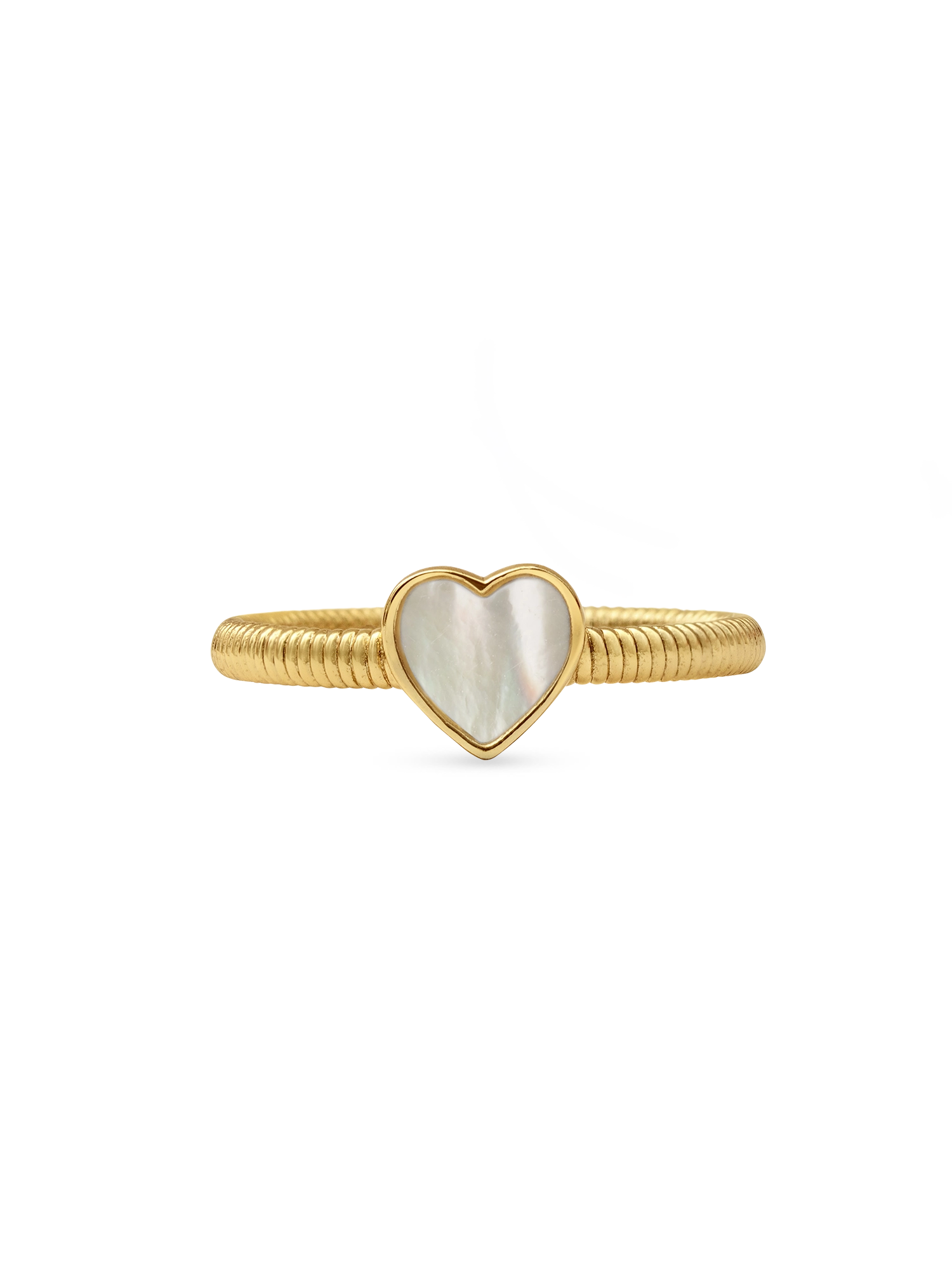 Hera Ring - white mother-of-pearl ring in yellow gold vermeil by Nishi Pearls, studio view, alternate angle