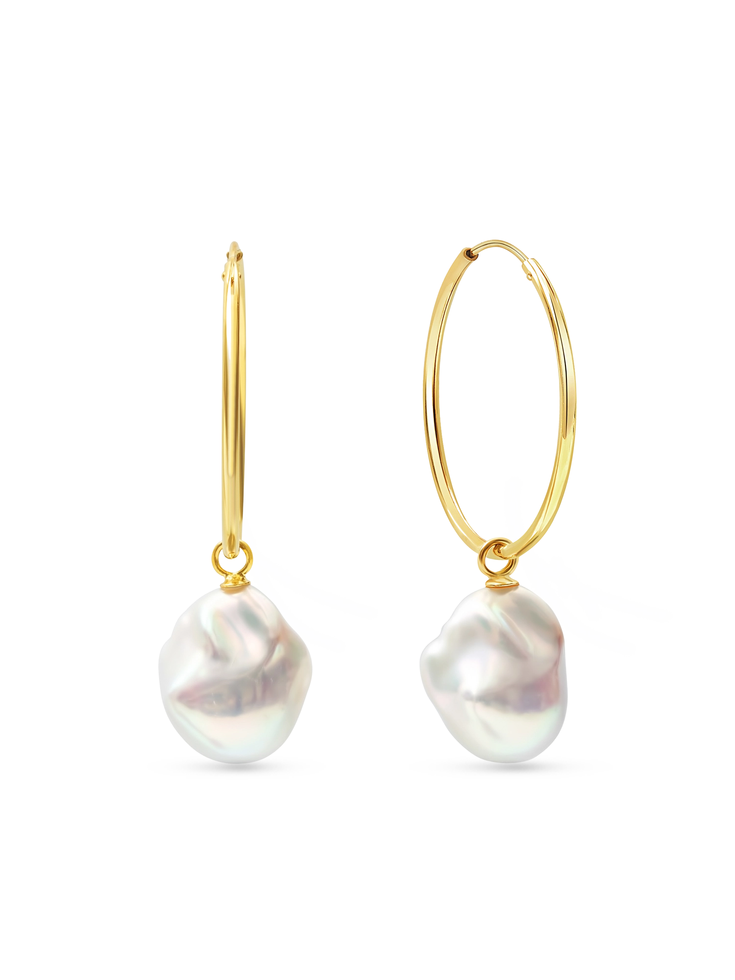 Holly Hoops - mixed-size white baroque freshwater pearl earrings in yellow gold vermeil by Nishi Pearls, studio view