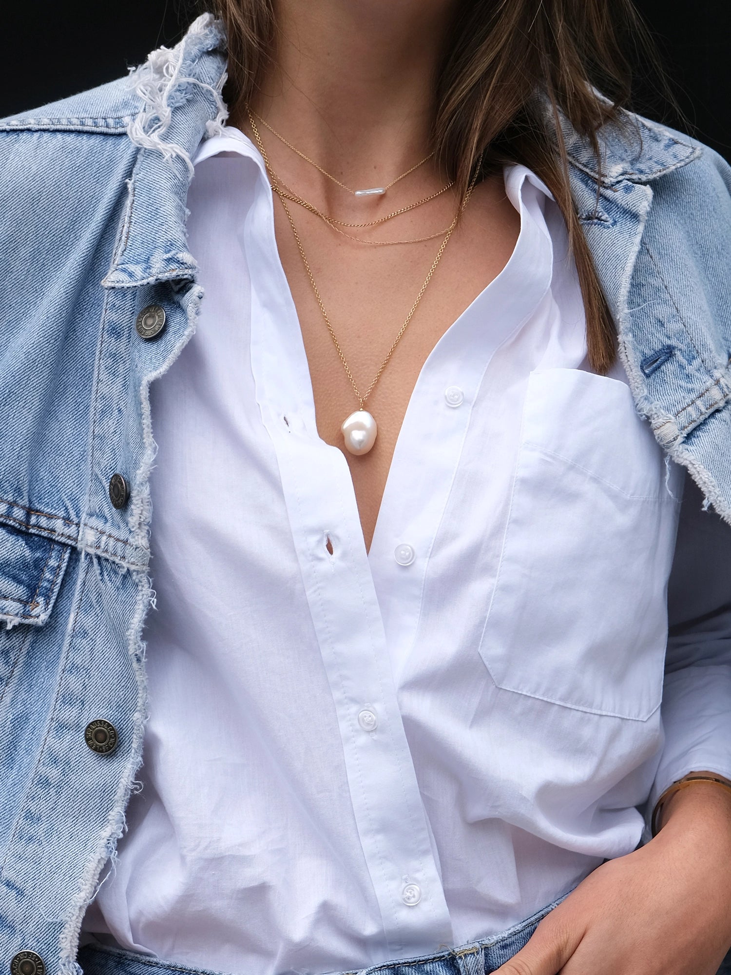 Holly Necklace - 16-17mm white baroque freshwater pearls in gold vermeil, 14-22in by Nishi Pearls, alternate model angle