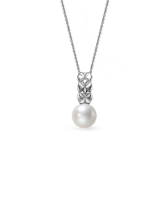 Ida Necklace - 8-9mm white round freshwater pearl necklace in sterling silver, 16-18in by Nishi Pearls, studio view