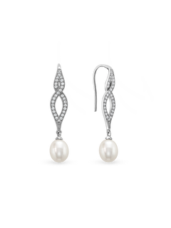 Infini Earring - 7-8mm white drop freshwater pearl earrings in sterling silver with white topaz by Nishi Pearls, studio view