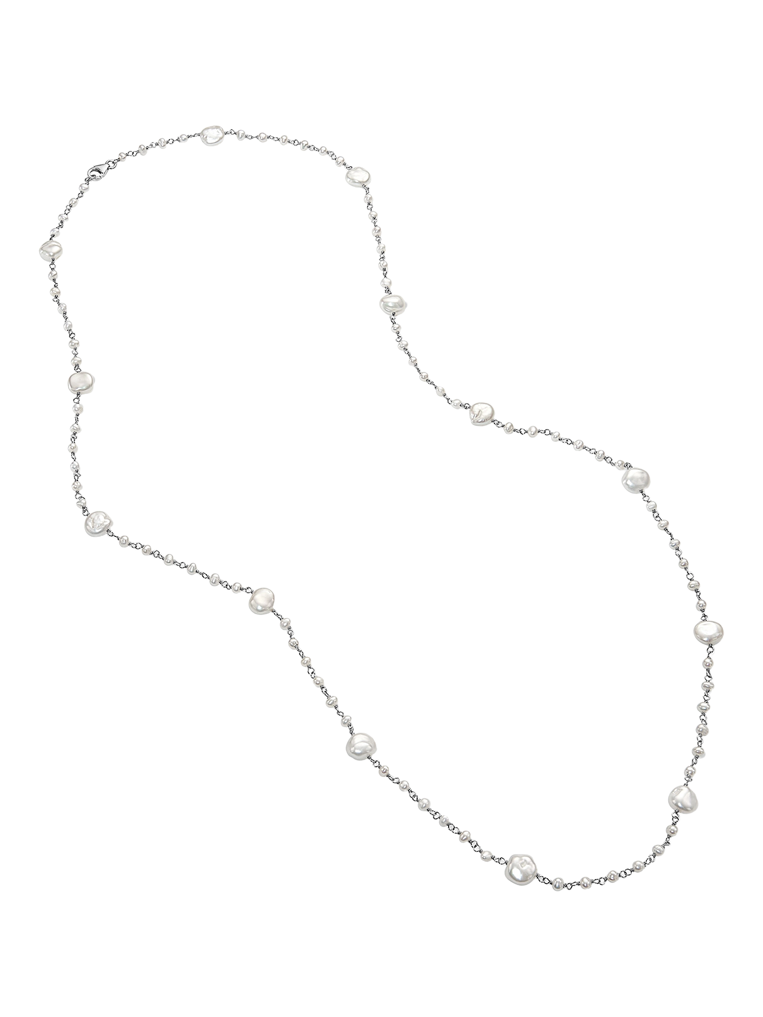 Keshi Pebble Necklace - mixed-size white freshwater pearls in sterling silver, 36in by Nishi Pearls, studio alternate angle