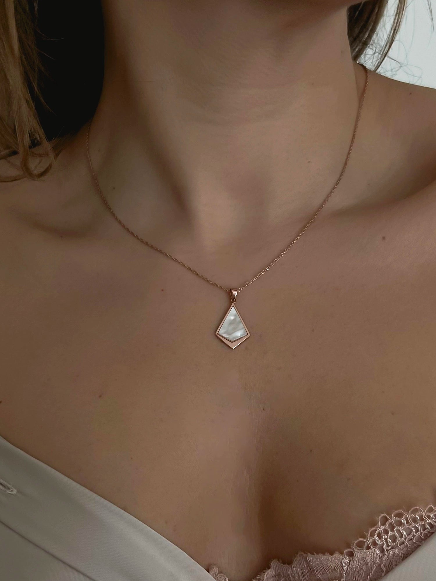 Kite Necklace - white mother-of-pearl necklace in rose gold vermeil, 16.5-18in by Nishi Pearls, worn on a model