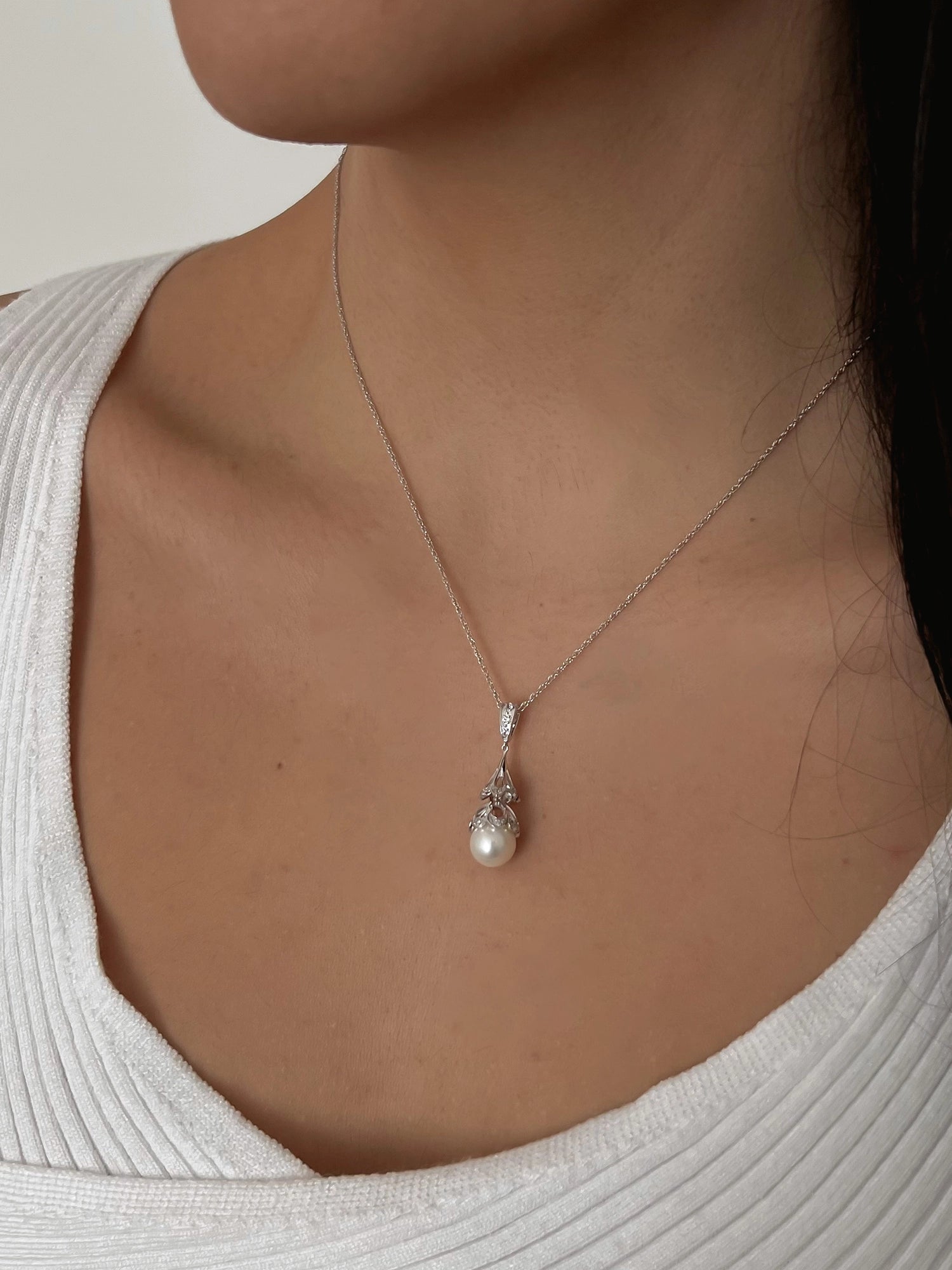 Lace Cap Necklace - 9-10mm white freshwater pearls in sterling silver, 16.5-18in by Nishi Pearls, studio alternate angle
