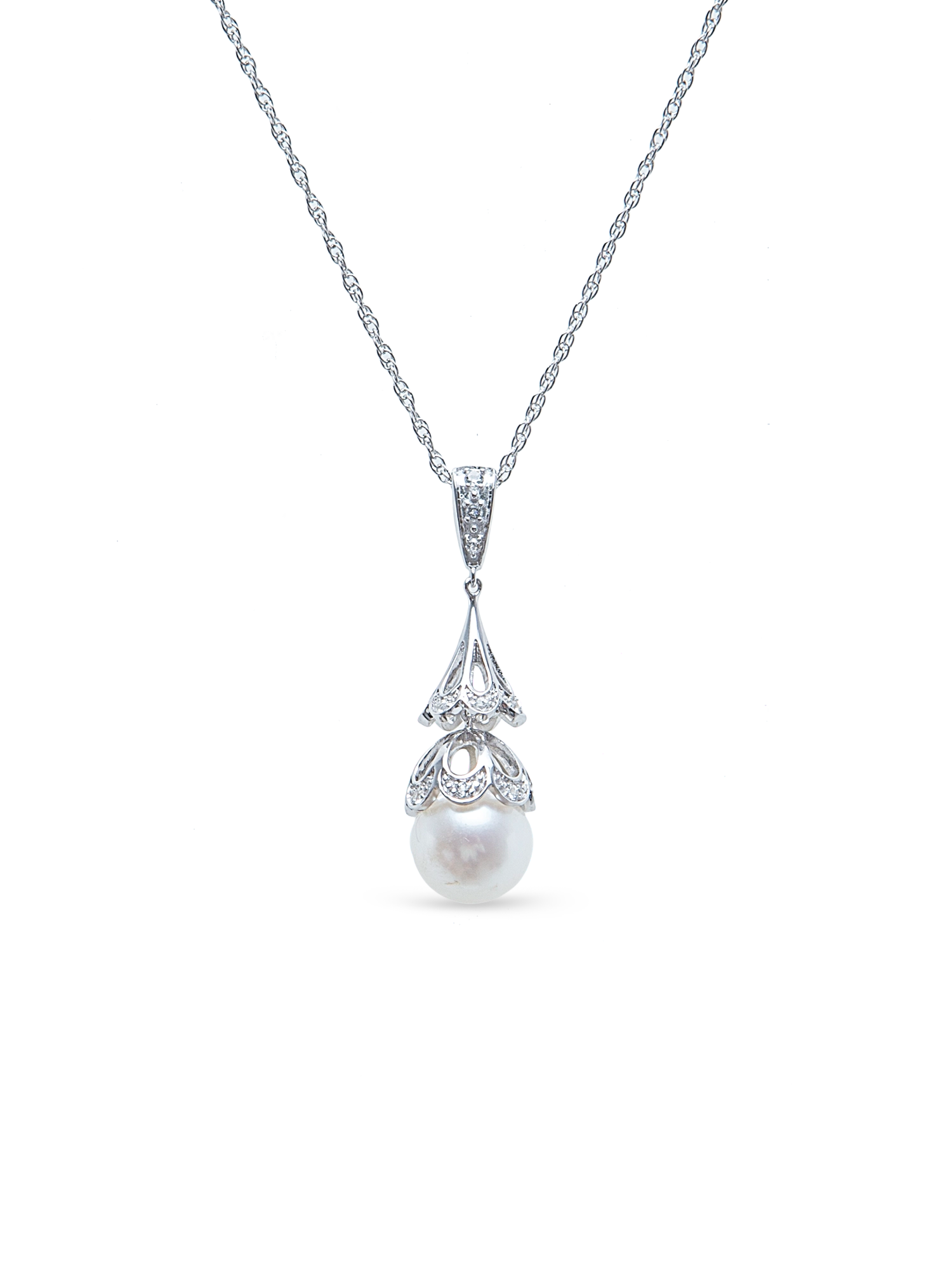 Lace Cap Necklace - 9-10mm white freshwater pearls in sterling silver, 16.5-18in by Nishi Pearls, studio view