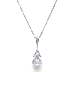 Lace Cap Necklace - 9-10mm white freshwater pearls in sterling silver, 16.5-18in by Nishi Pearls, studio view
