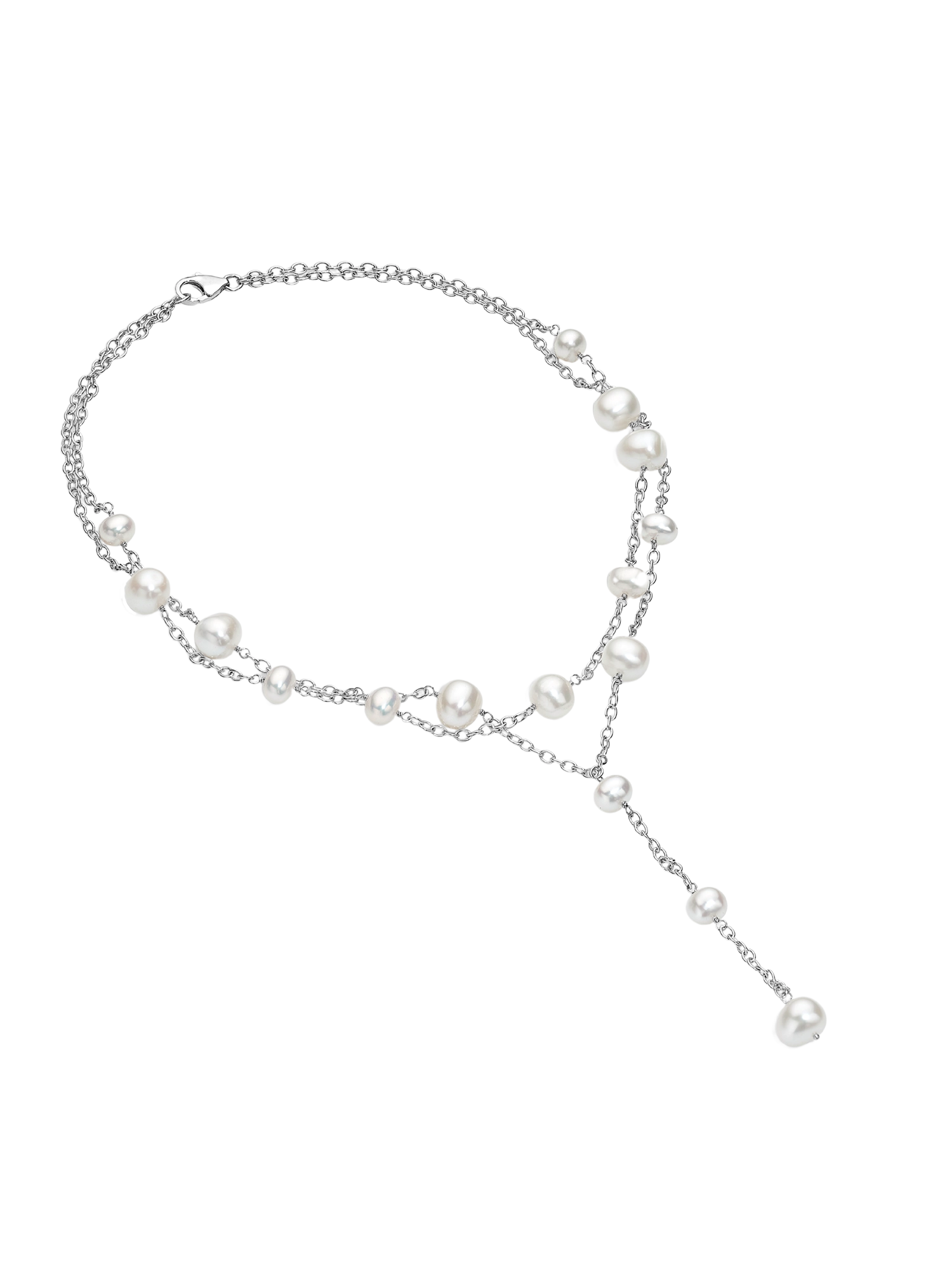 Larielle Necklace - mixed-size white freshwater pearls in sterling silver, 16in by Nishi Pearls, studio view, alternate angle