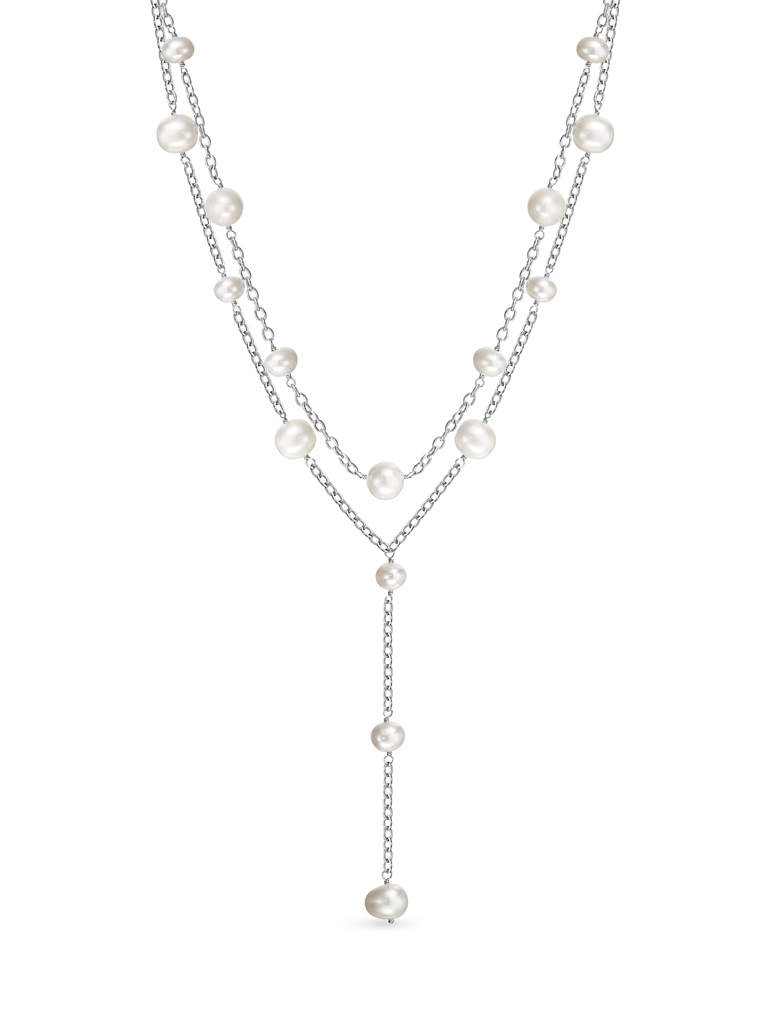 Larielle Necklace - mixed-size white freshwater pearl necklace in sterling silver, 16in by Nishi Pearls, studio view