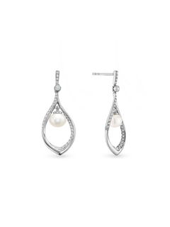 Larme Earring - 6-7mm white round freshwater pearl earrings in sterling silver with topaz by Nishi Pearls, studio view