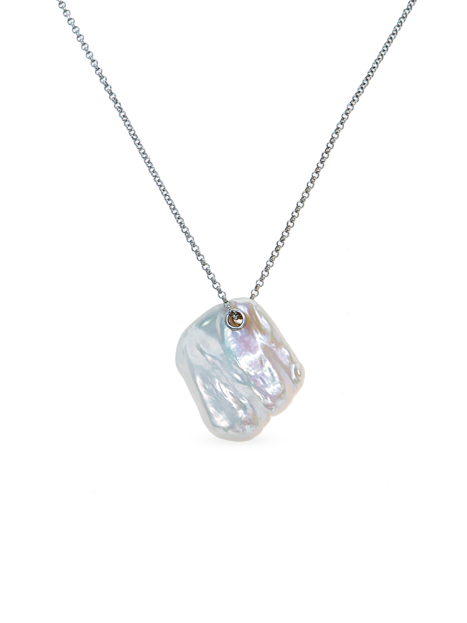 Lily Necklace - mixed-size white baroque freshwater pearls in sterling silver, 16-18in by Nishi Pearls, studio view
