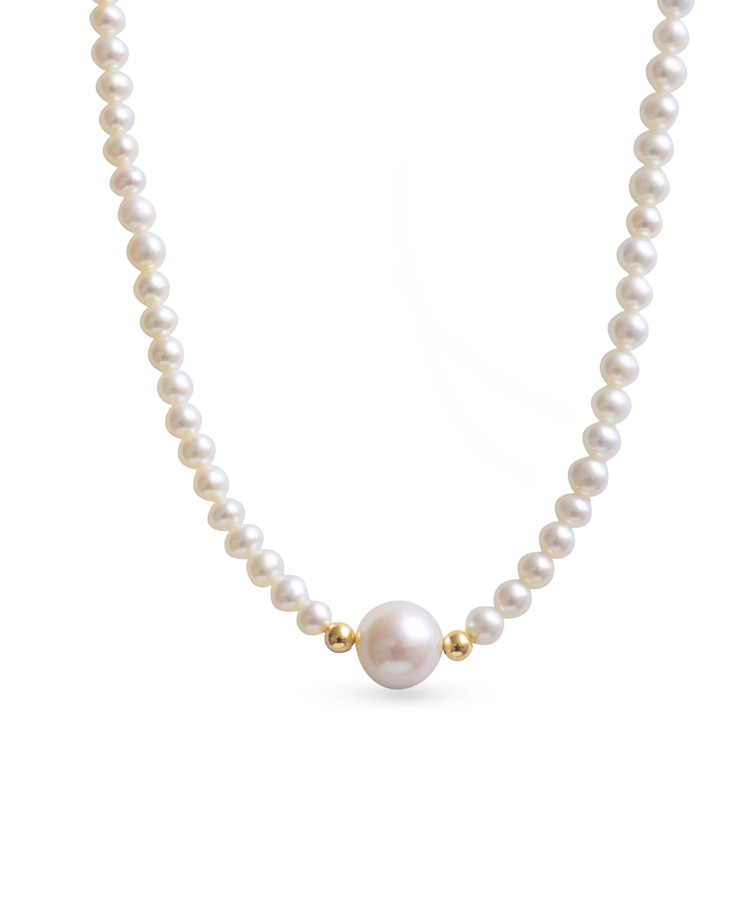 Miel Necklace - 3-9mm white freshwater pearls in 14kt yellow gold, 16-18in by Nishi Pearls, studio view