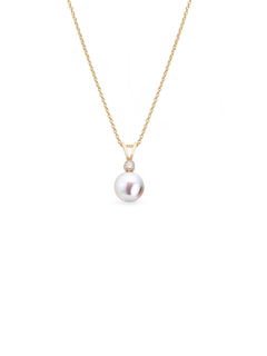 Mini Diamond Necklace - 6.5-7mm white round freshwater pearls in 14kt yellow gold, 16-18in by Nishi Pearls, studio view