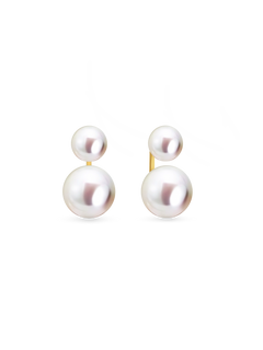 Multi Pearl Studs - mixed-size white button freshwater pearl earrings in 14kt yellow gold by Nishi Pearls, studio view