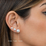White pearl stud earrings shown on an ear, comparing 6 mm, 7 mm and 8 mm sizes with labels
