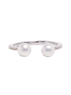 Opened Ring - 5-6mm white round freshwater pearl ring in sterling silver with white topaz by Nishi Pearls, studio view